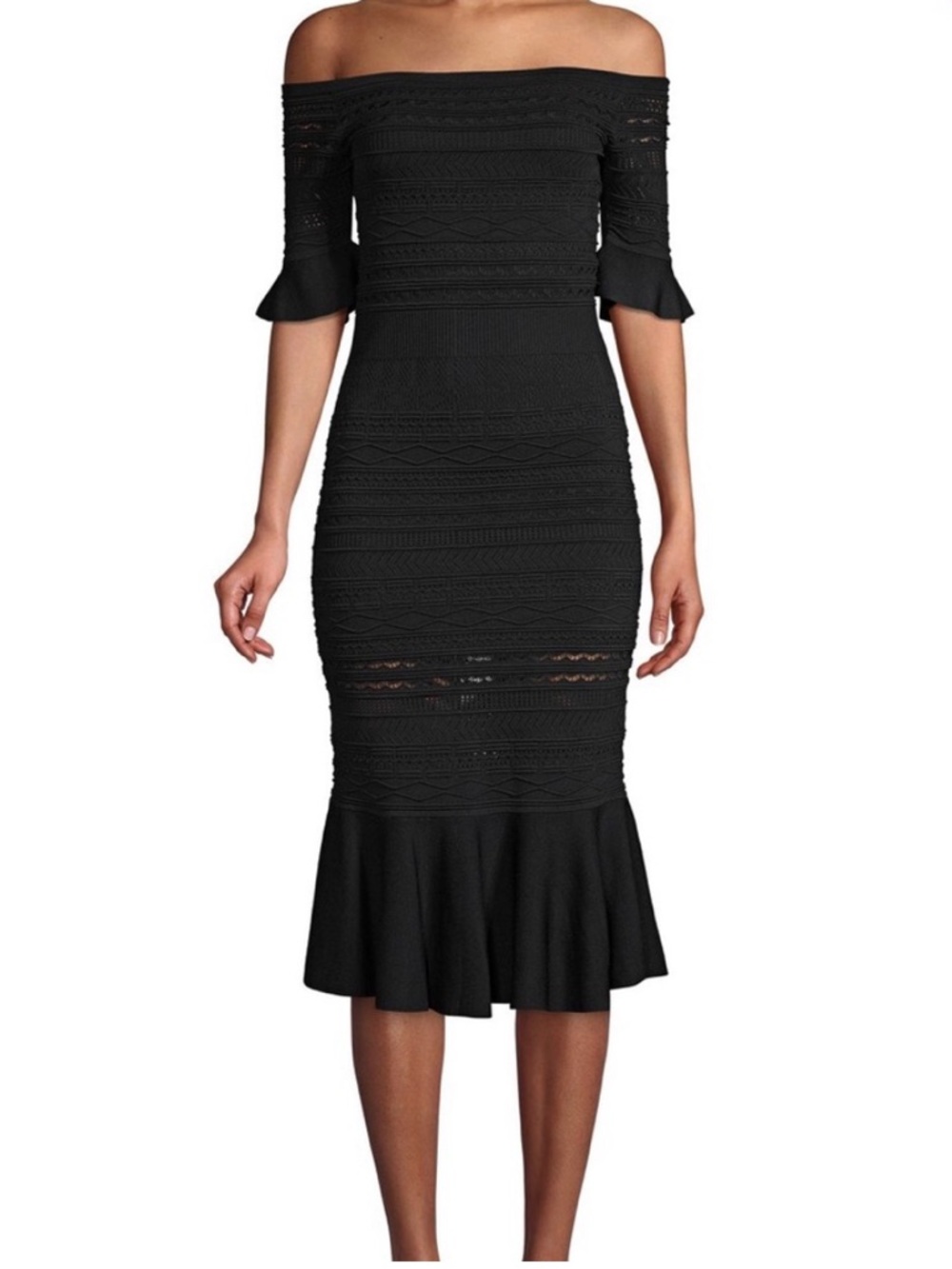 ALEXIS Sheira Off the Shoulder Black Knit Flutter-Sleeve Midi Dress Lined S/M?